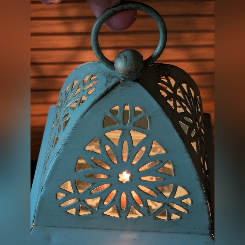Pier 1 Cutwork Metal Votive Candle Lantern. Hanging or Tabletop. - Picture 5 of 10